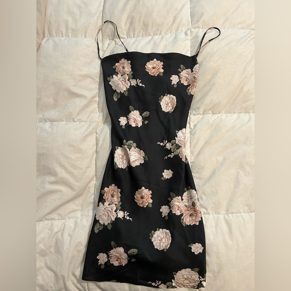 Abercrombie & Fitch black satin floral cowl neck satin slip dress.